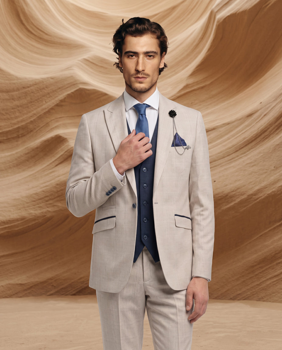 Caridi - Beige With Lennox Navy Double Breasted Waistcoat