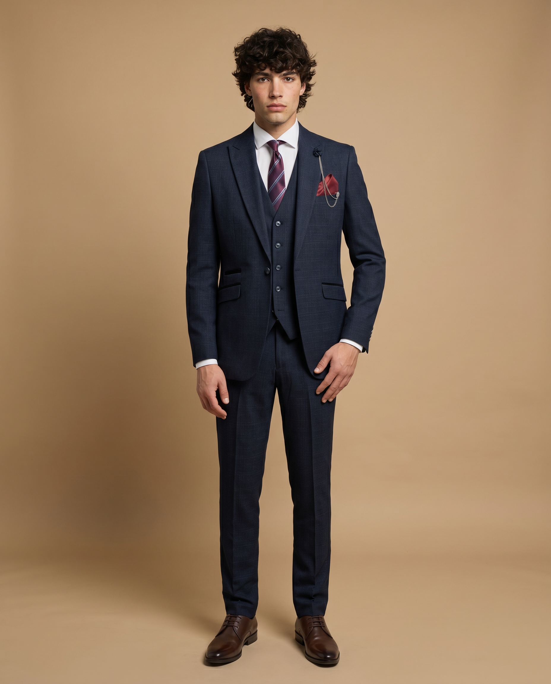 Caridi - Navy Regular Check Three Piece Prom Suit