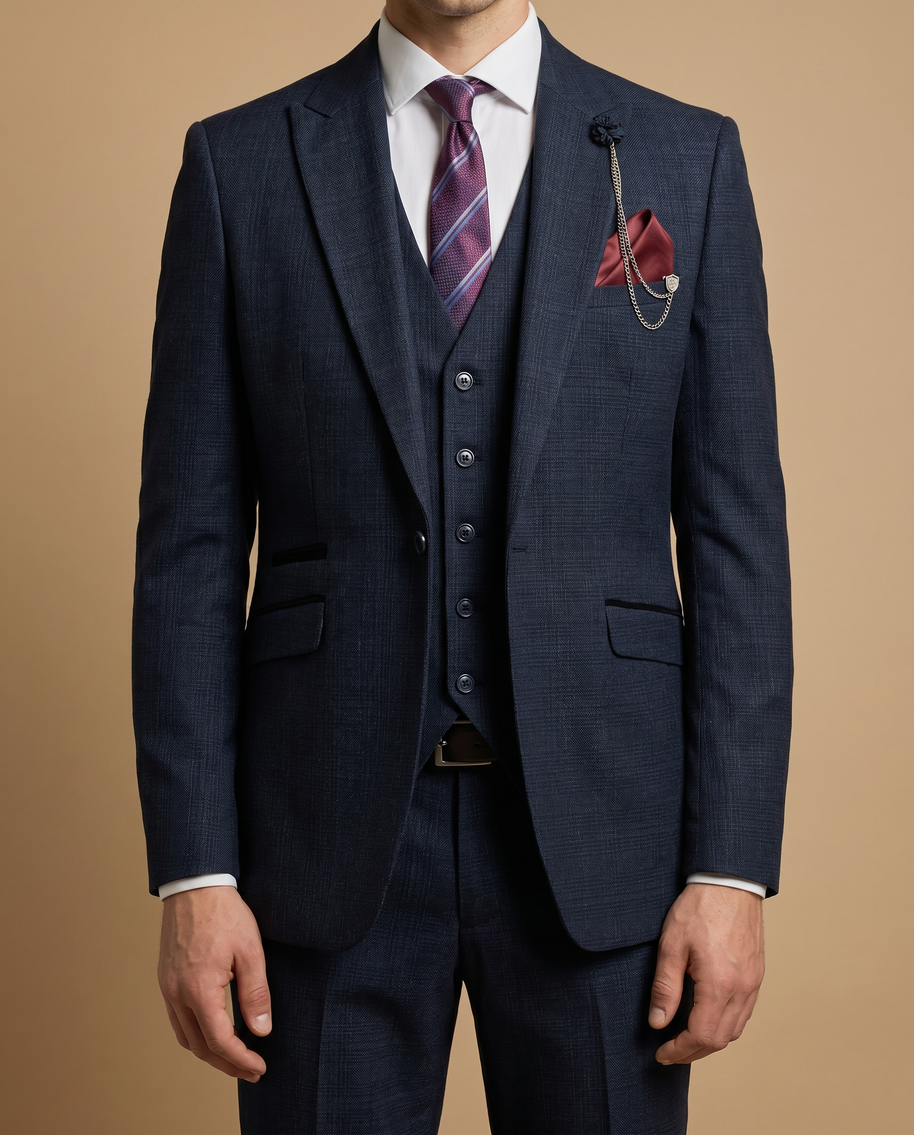 Caridi - Navy Regular Check Three Piece Prom Suit