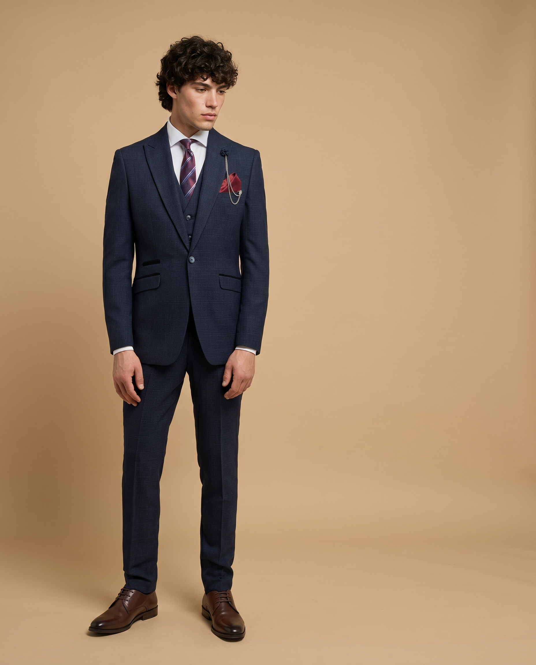 Caridi - Navy Regular Check Three Piece Prom Suit