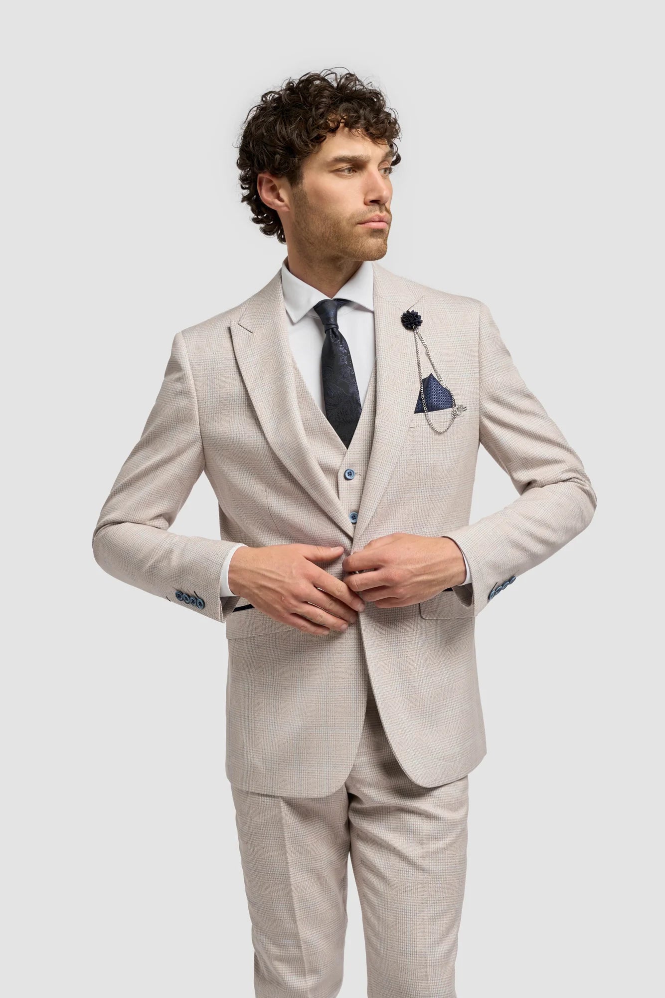 Caridi - Beige Regular Check Three Piece Suit