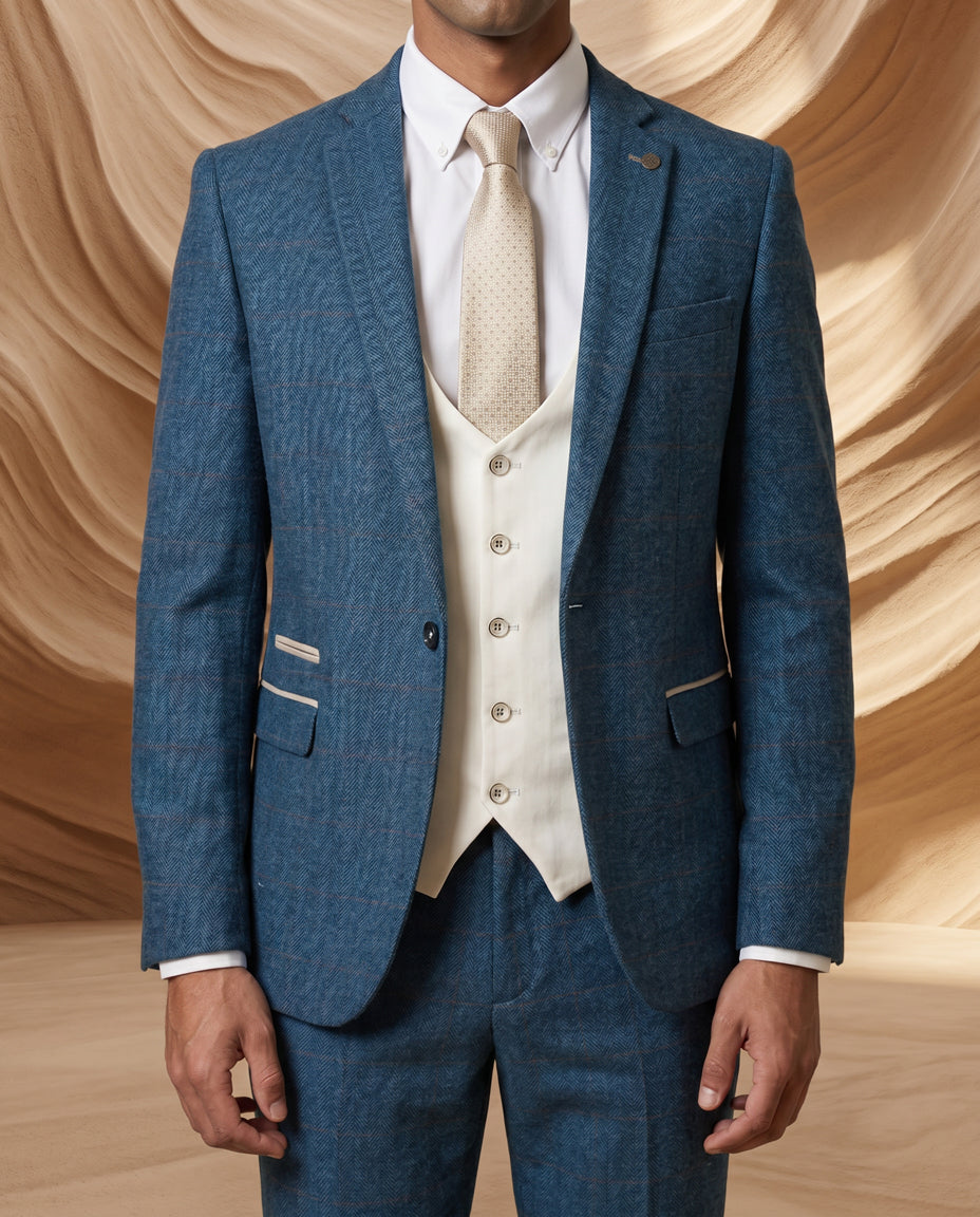 DION - Blue Tweed Check Suit With Kelvin Cream Waistcoat