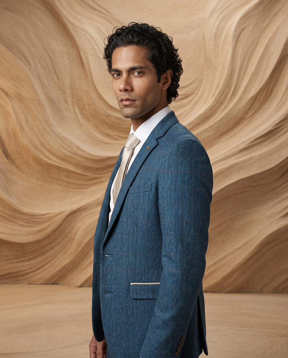 DION - Blue Tweed Check Suit With Kelvin Cream Waistcoat