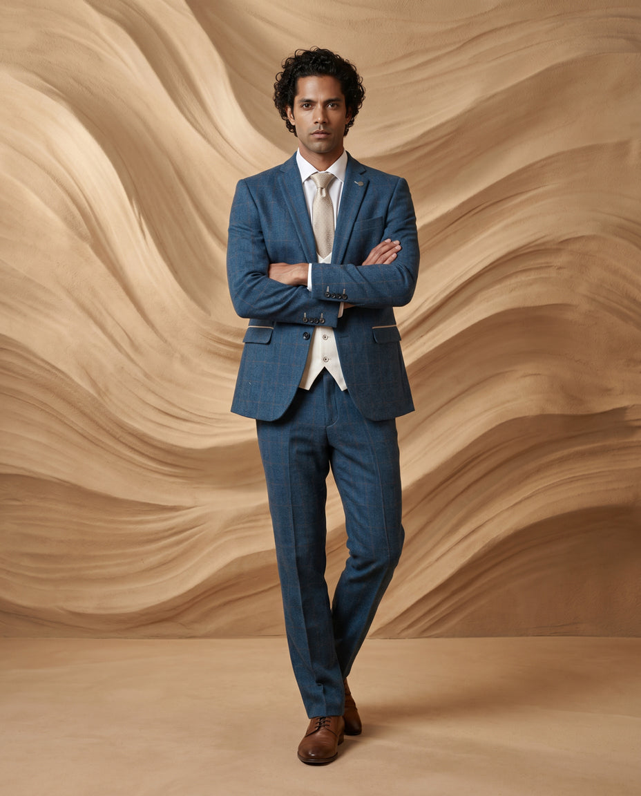 DION - Blue Tweed Check Suit With Kelvin Cream Waistcoat