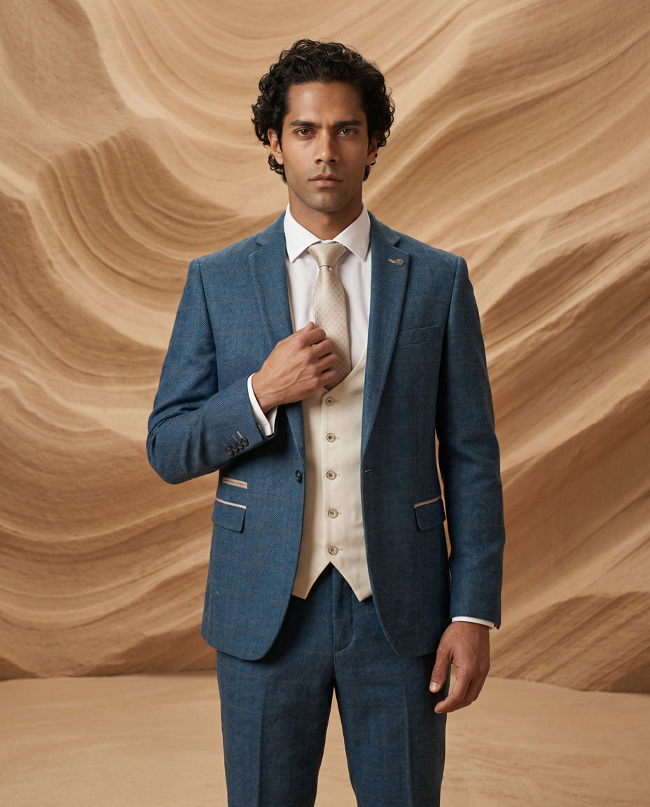 DION - Blue Tweed Check Suit With Kelvin Cream Waistcoat