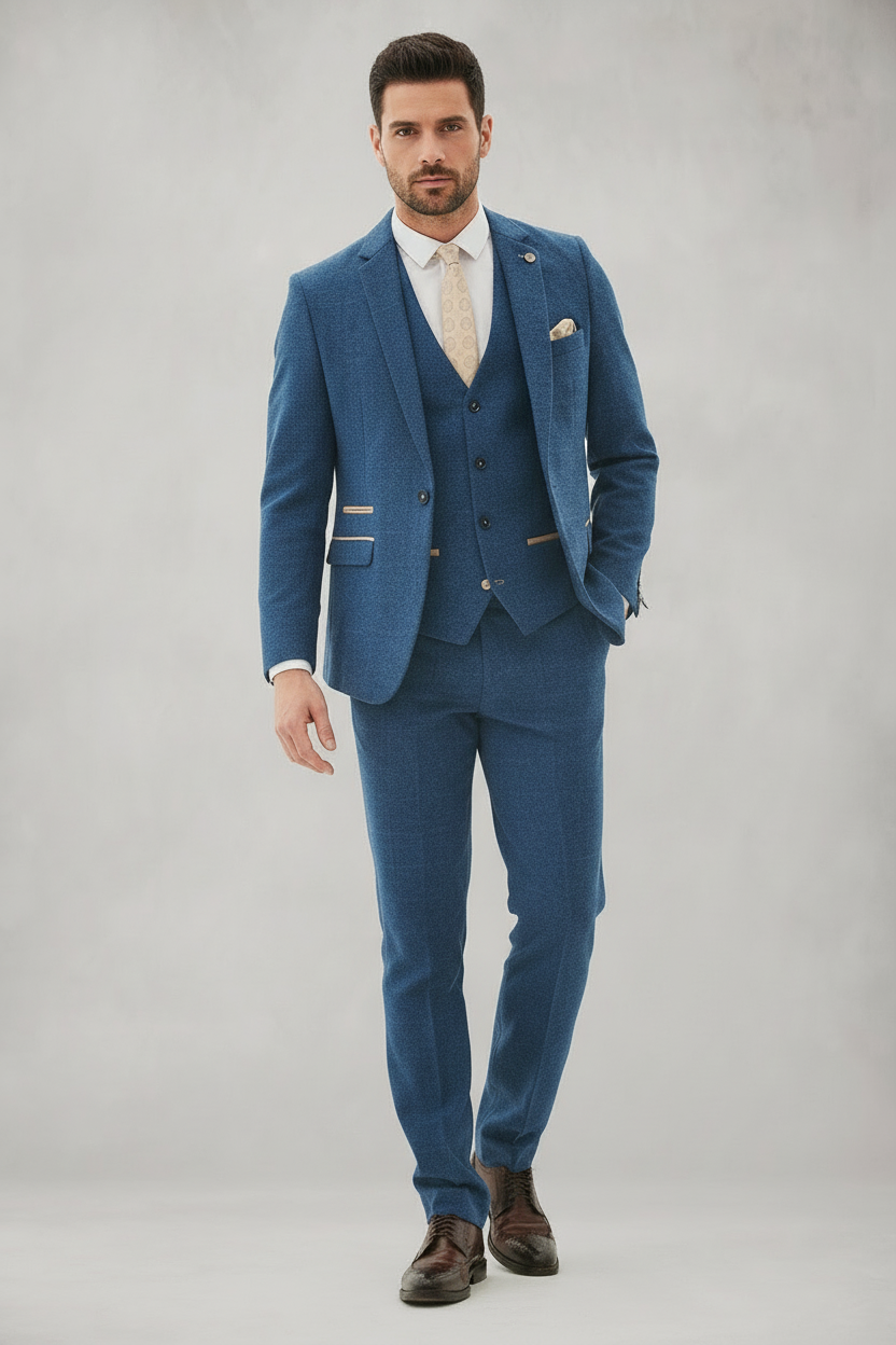 Dion - Blue Tweed Check Three Piece Suit