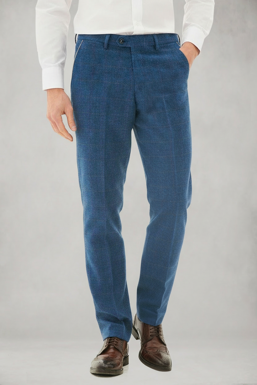 Dion - Blue Tweed Check Trousers