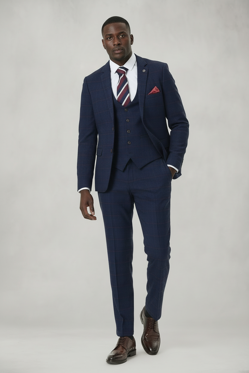 Edinson - Navy Wine Check Three Piece Suit
