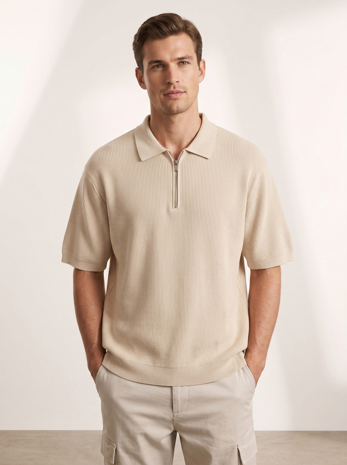 Esquire Textured Zip Polo – Sand Beige
