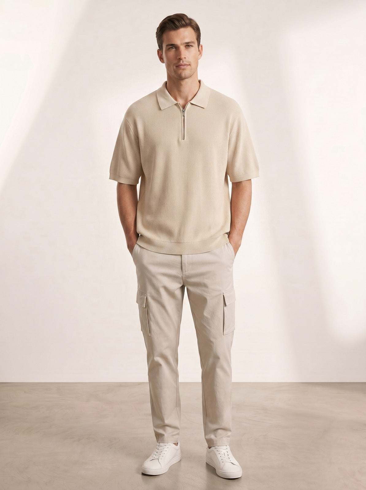 Esquire Textured Zip Polo – Sand Beige