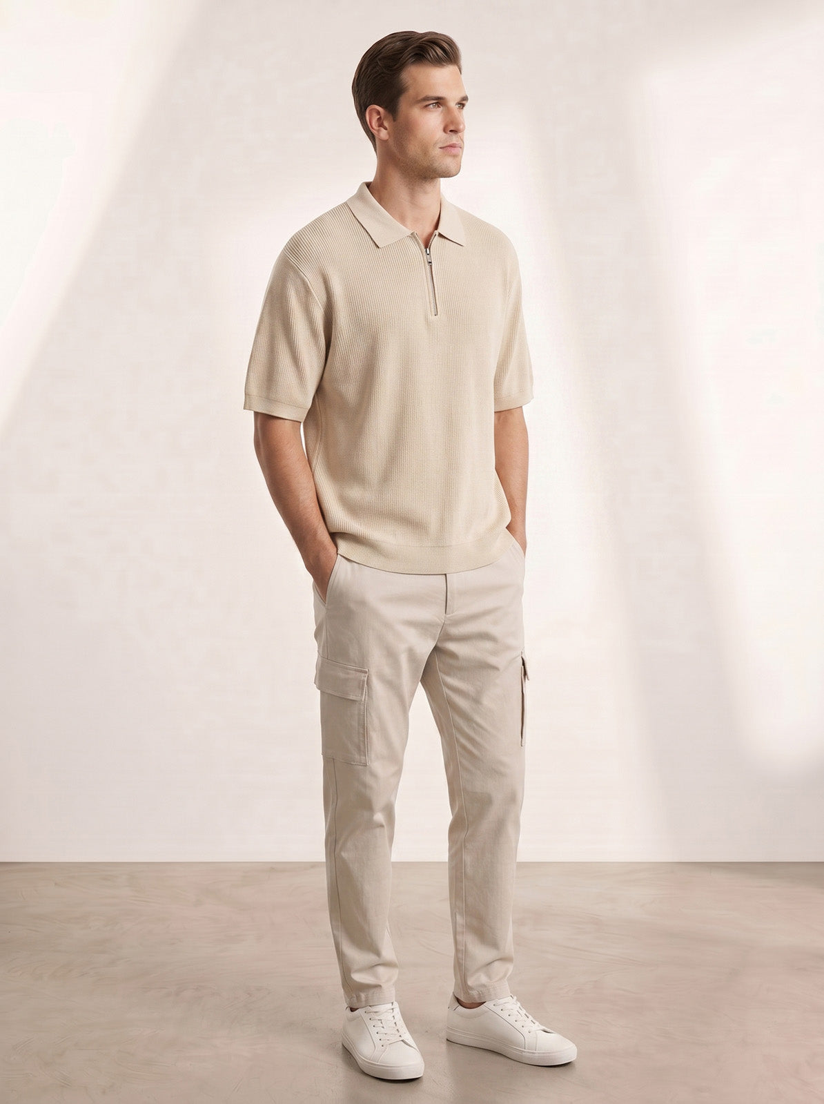 Esquire Textured Zip Polo – Sand Beige