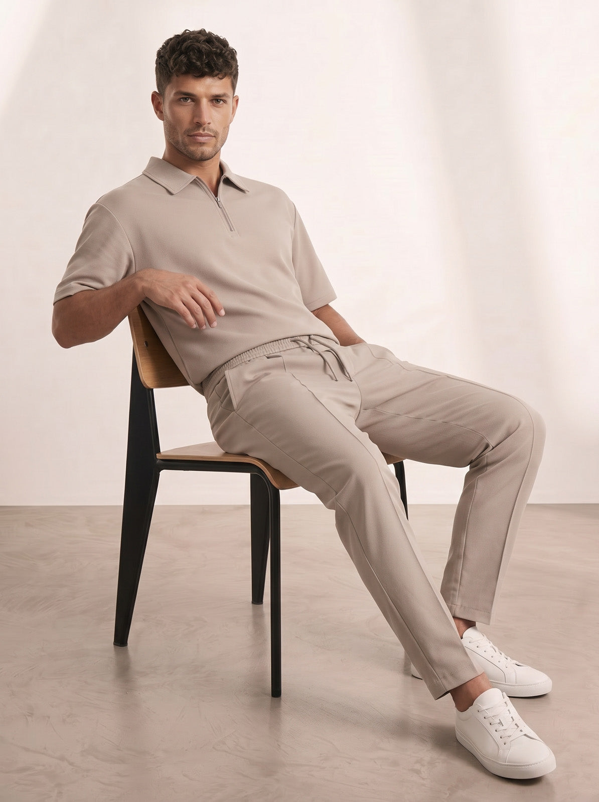 Esquires Quarter Zip Polo and Trousers set -  Beige