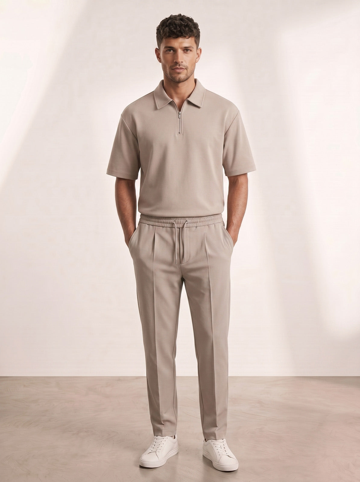 Esquires Quarter Zip Polo and Trousers set -  Beige