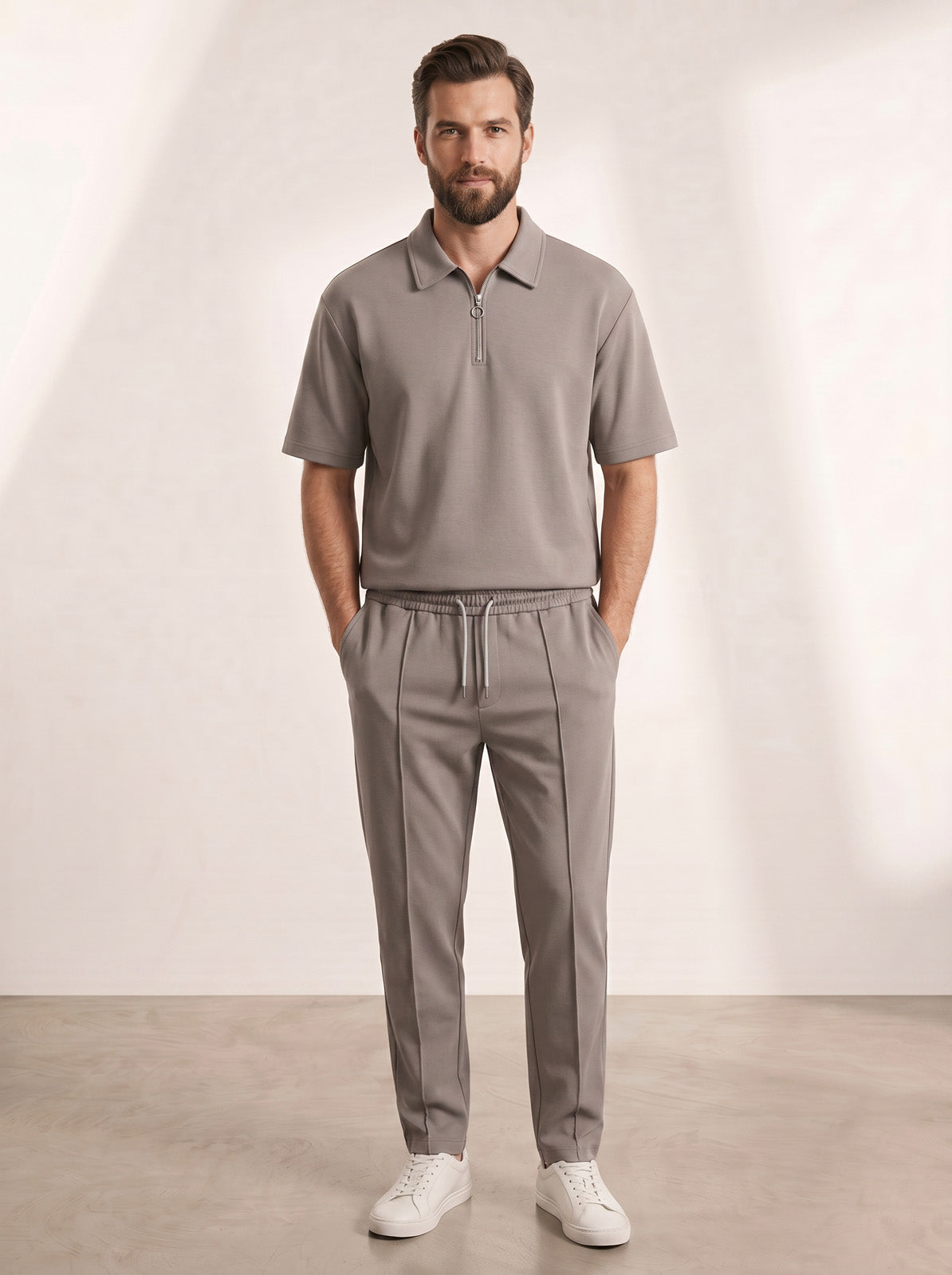 Esquires Quarter Zip Polo and Trousers set -  Brown