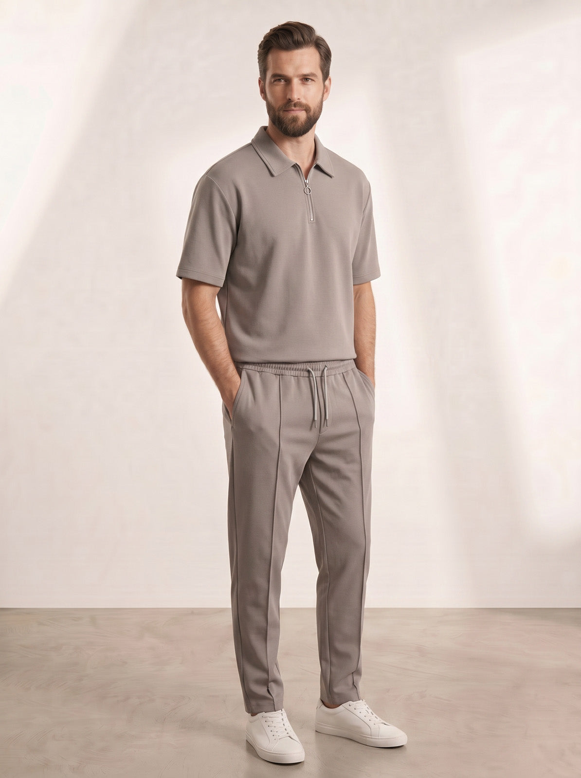 Esquires Quarter Zip Polo and Trousers set -  Brown