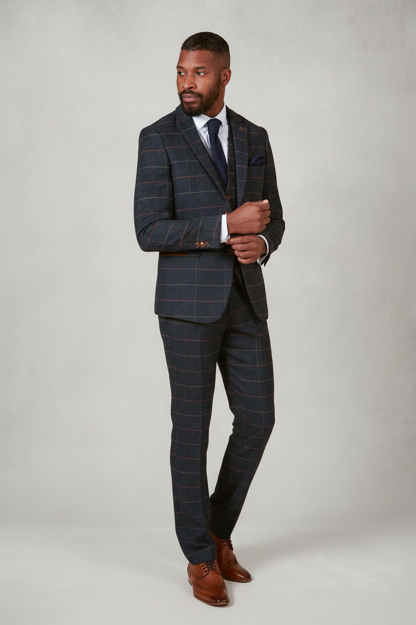 Eton - Navy Blue Tweed Check Three Piece Suit
