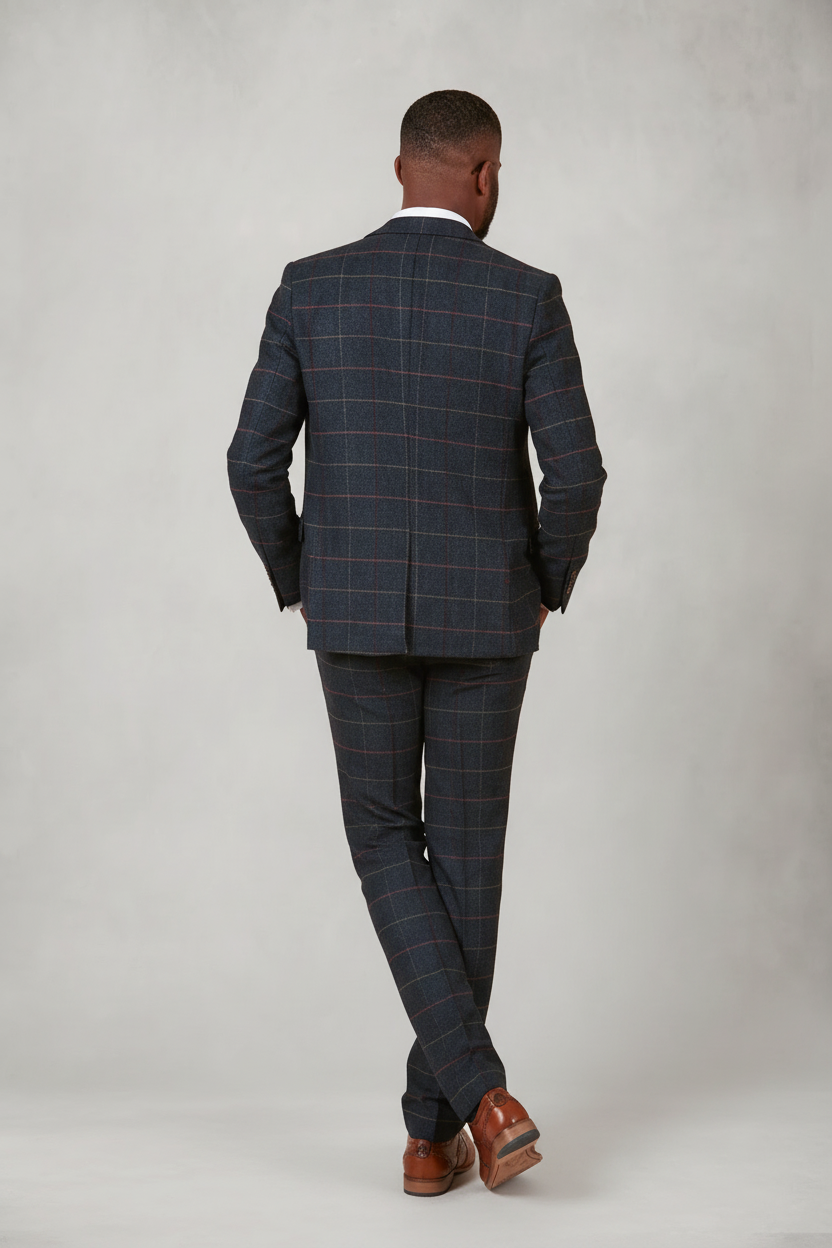 Eton - Navy Blue Tweed Check Three Piece Suit