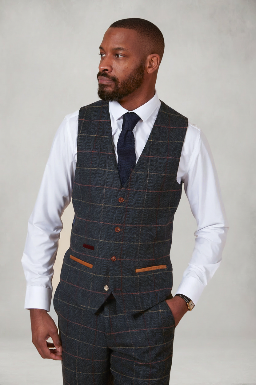 Eton - Single Breasted Navy Blue Tweed Check Waistcoat