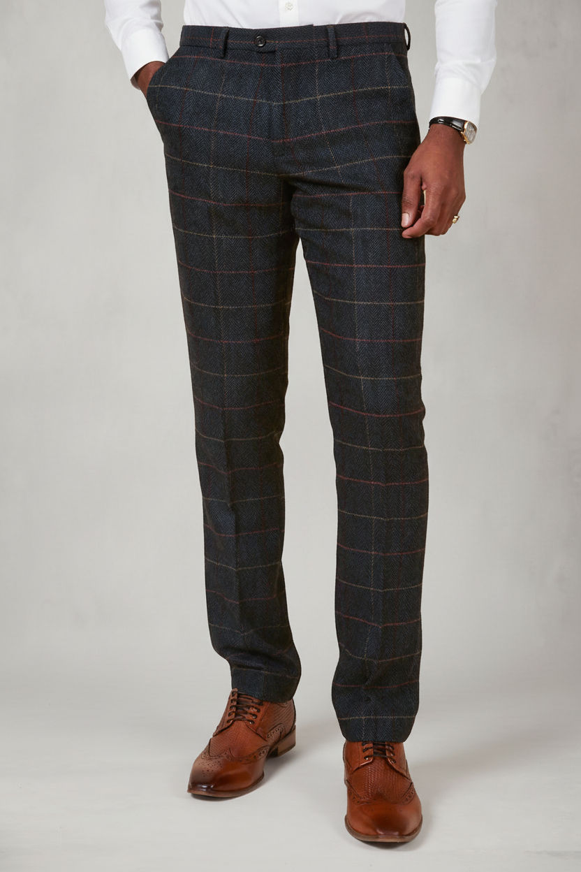Eton - Navy Blue Tweed Check Trousers