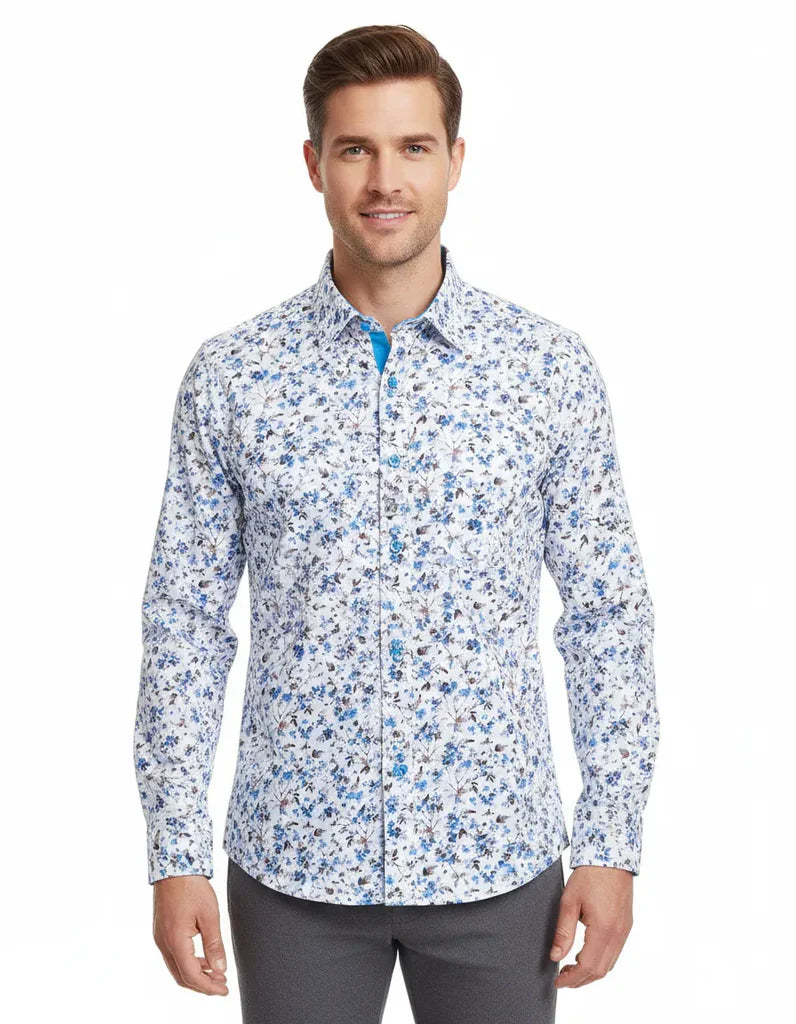 White Small Floral Print Shirt with Matching Handkerchief