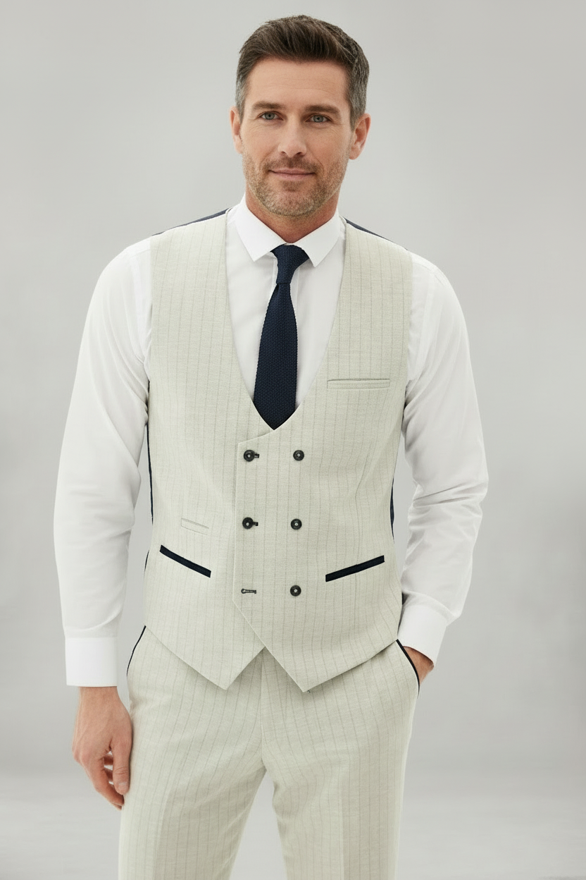 Grant - Stone Double Breasted Pinstripe Waistcoat