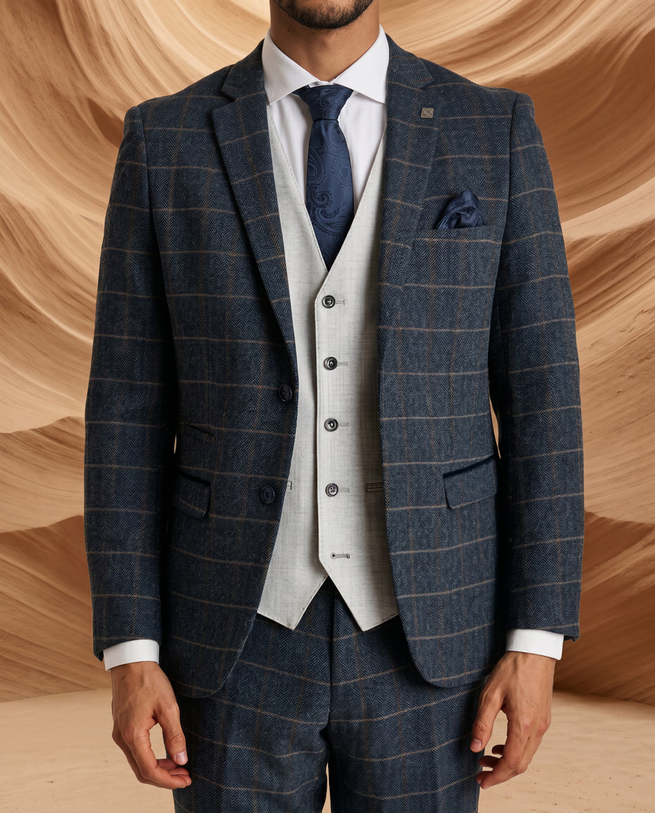 Harris Navy Tweed Suit with Belmont Silver Waistcoat
