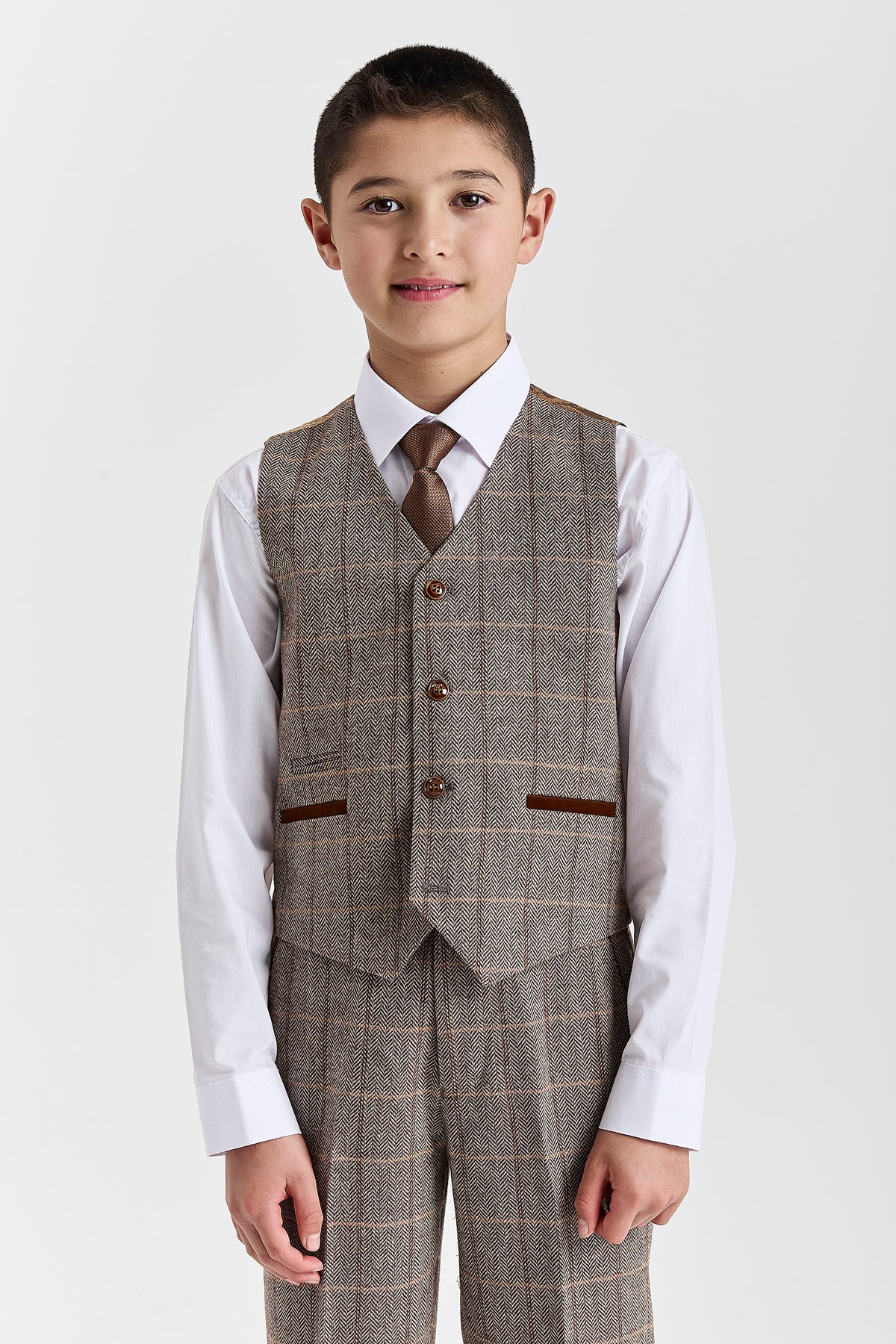 DEVICE - BOY'S HARRIS BROWN THREE PIECE SUIT