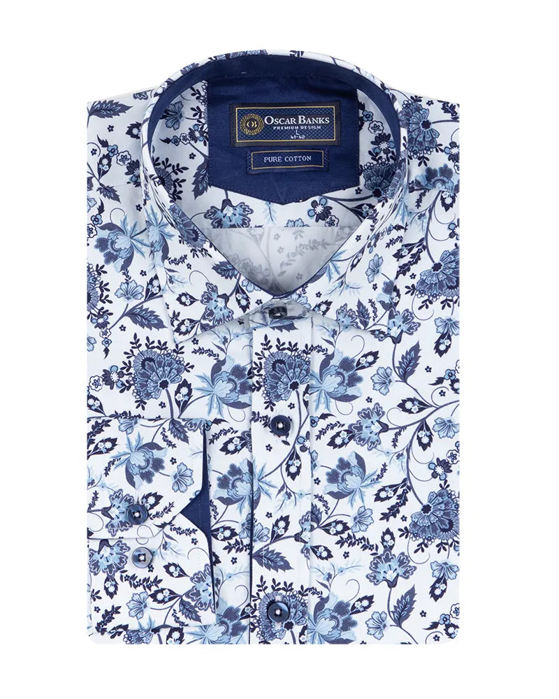 White Floral Print Shirt with Matching Handkerchief