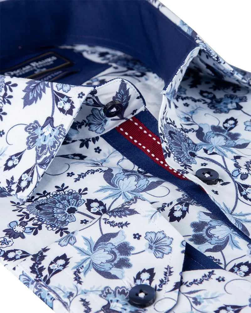 White Floral Print Shirt with Matching Handkerchief