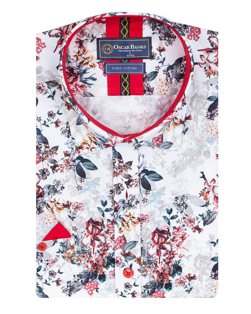 White Flower Print Short Sleeve Shirt