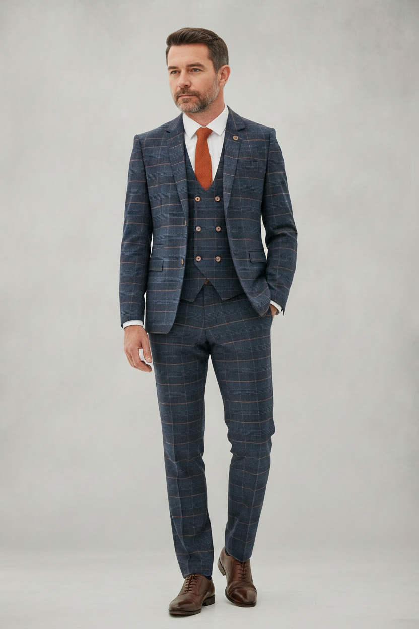 Jenson - Marine Navy Check Suit With Double Breasted Waistcoat