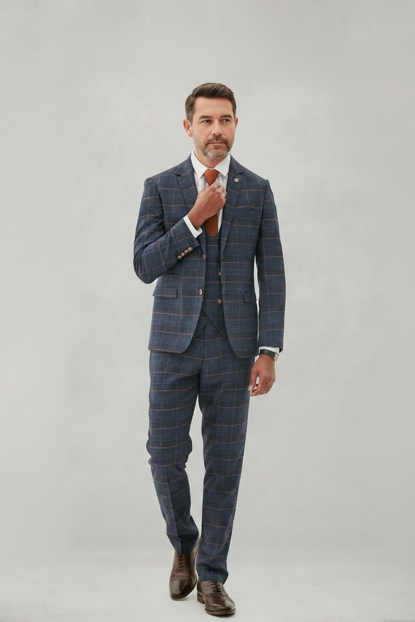 Jenson - Marine Navy Check Suit With Double Breasted Waistcoat
