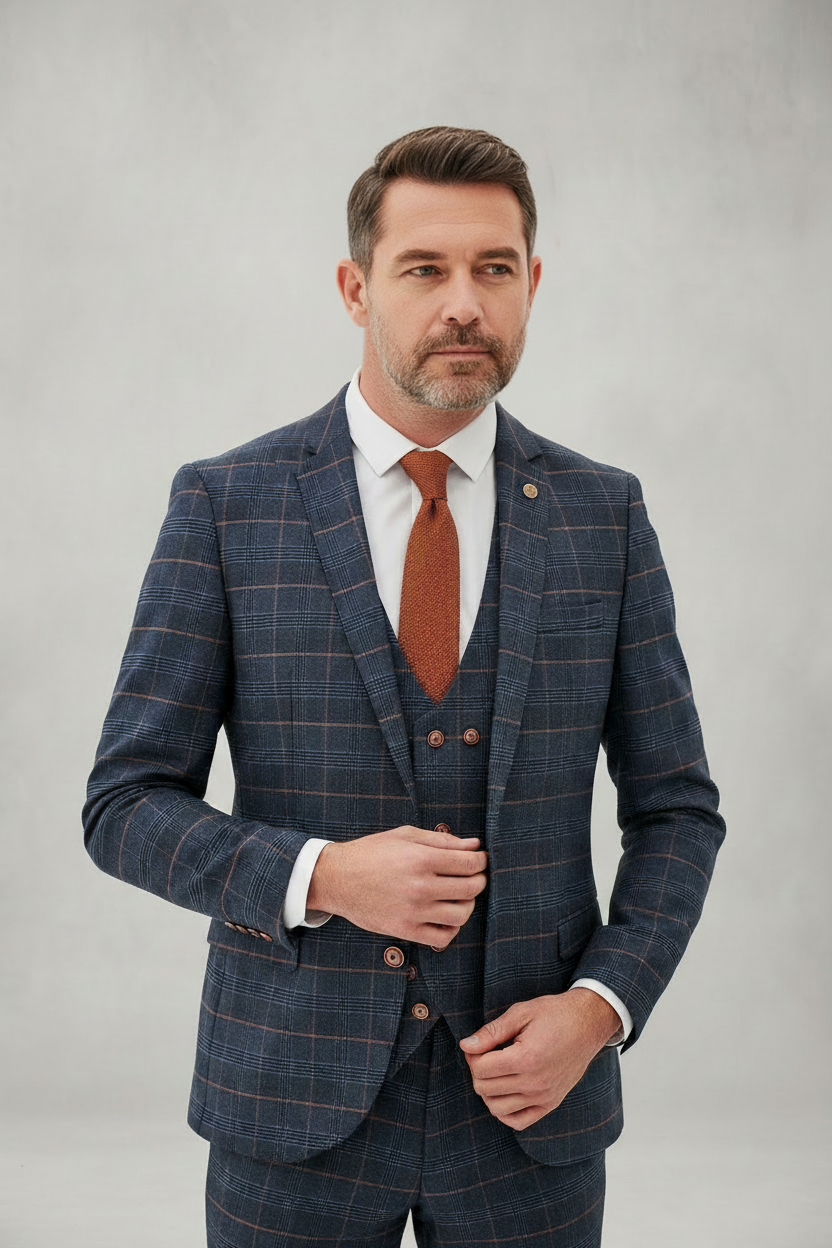 Jenson - Marine Navy Check Suit With Double Breasted Waistcoat