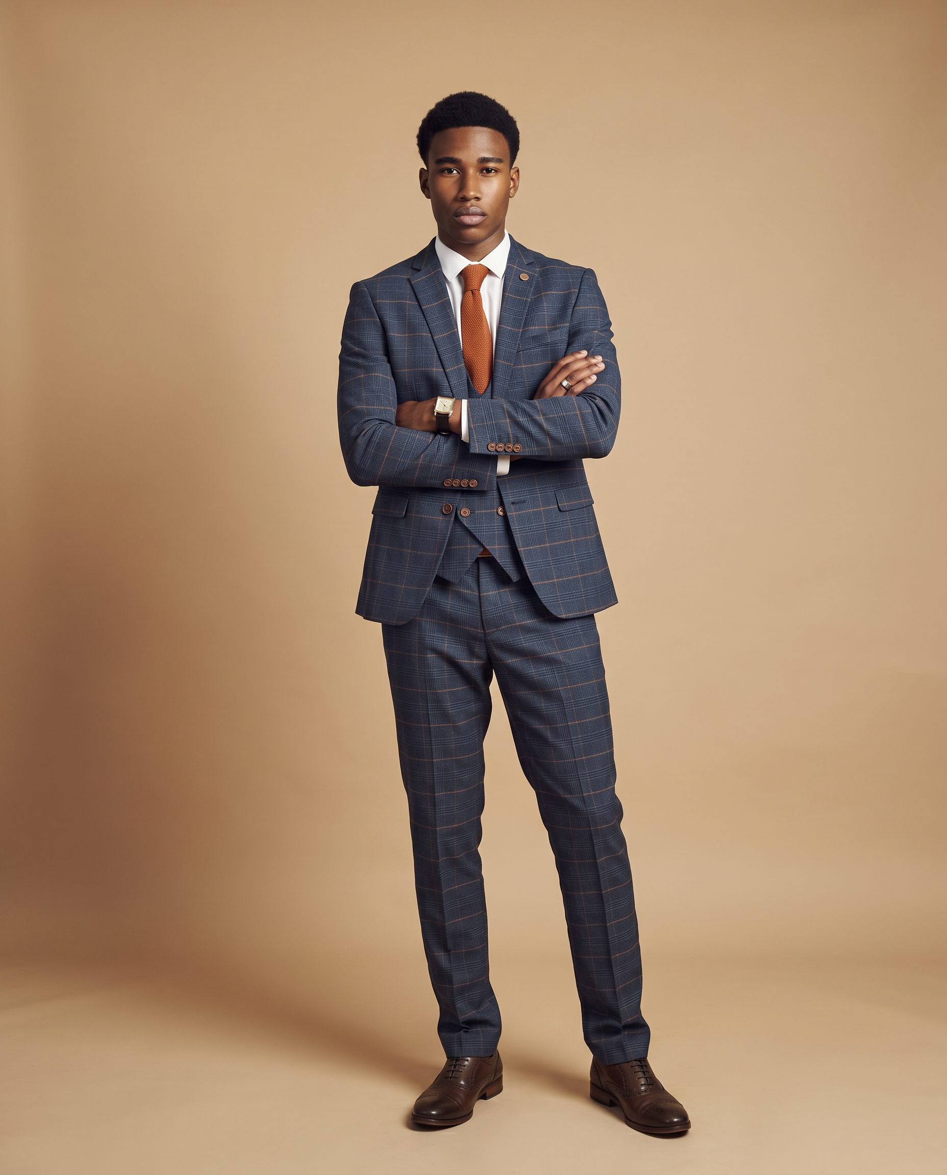 Jenson - Marine Navy Check Prom Suit With Double Breasted Waistcoat