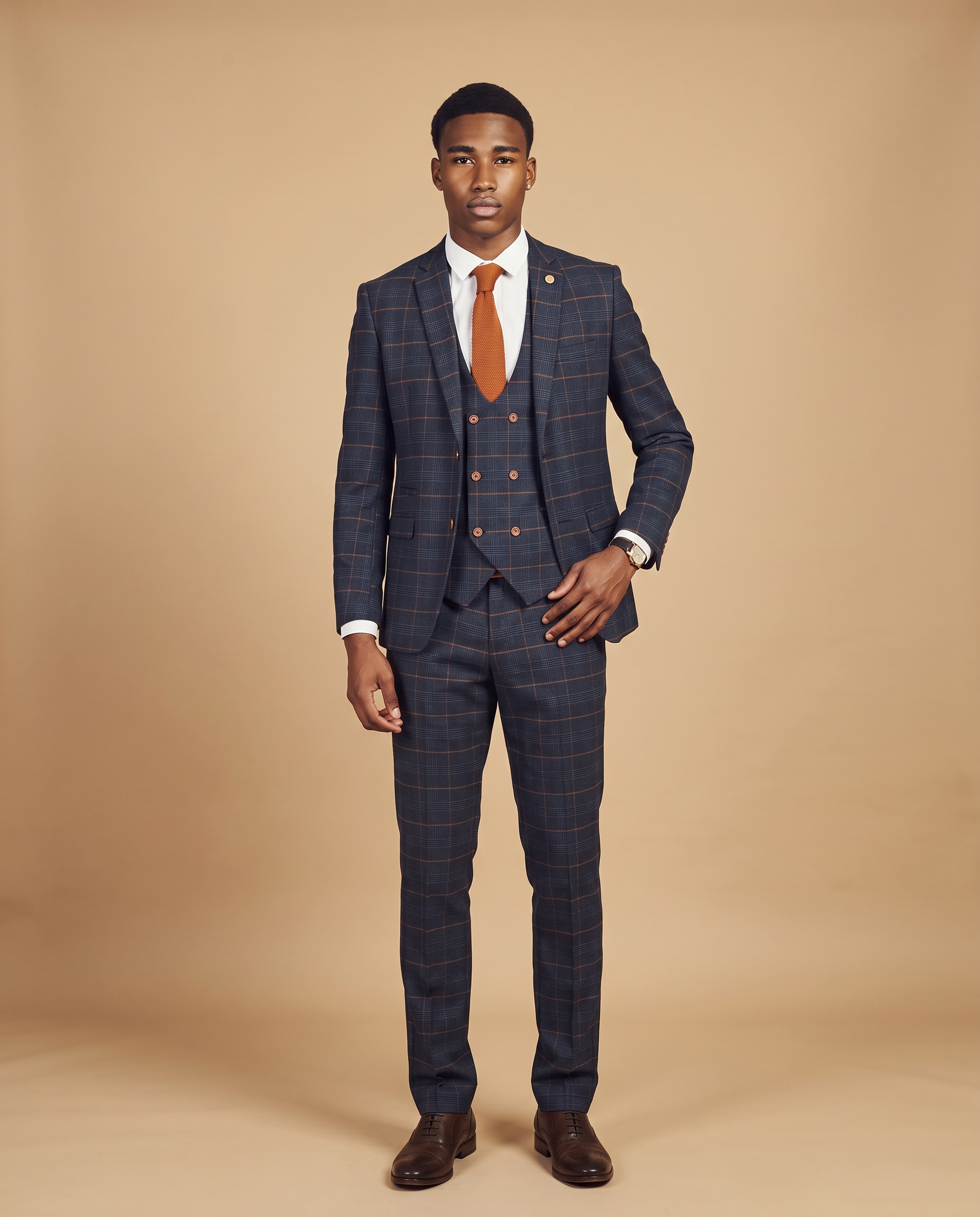 Jenson - Marine Navy Check Prom Suit With Double Breasted Waistcoat