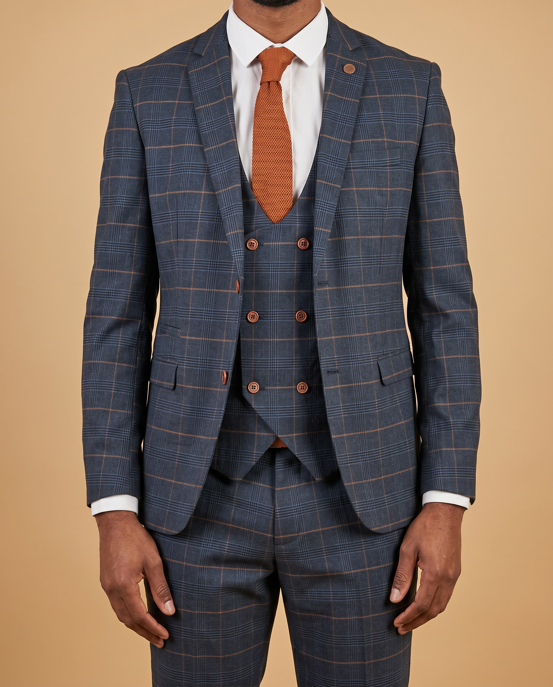 Jenson - Marine Navy Check Prom Suit With Double Breasted Waistcoat