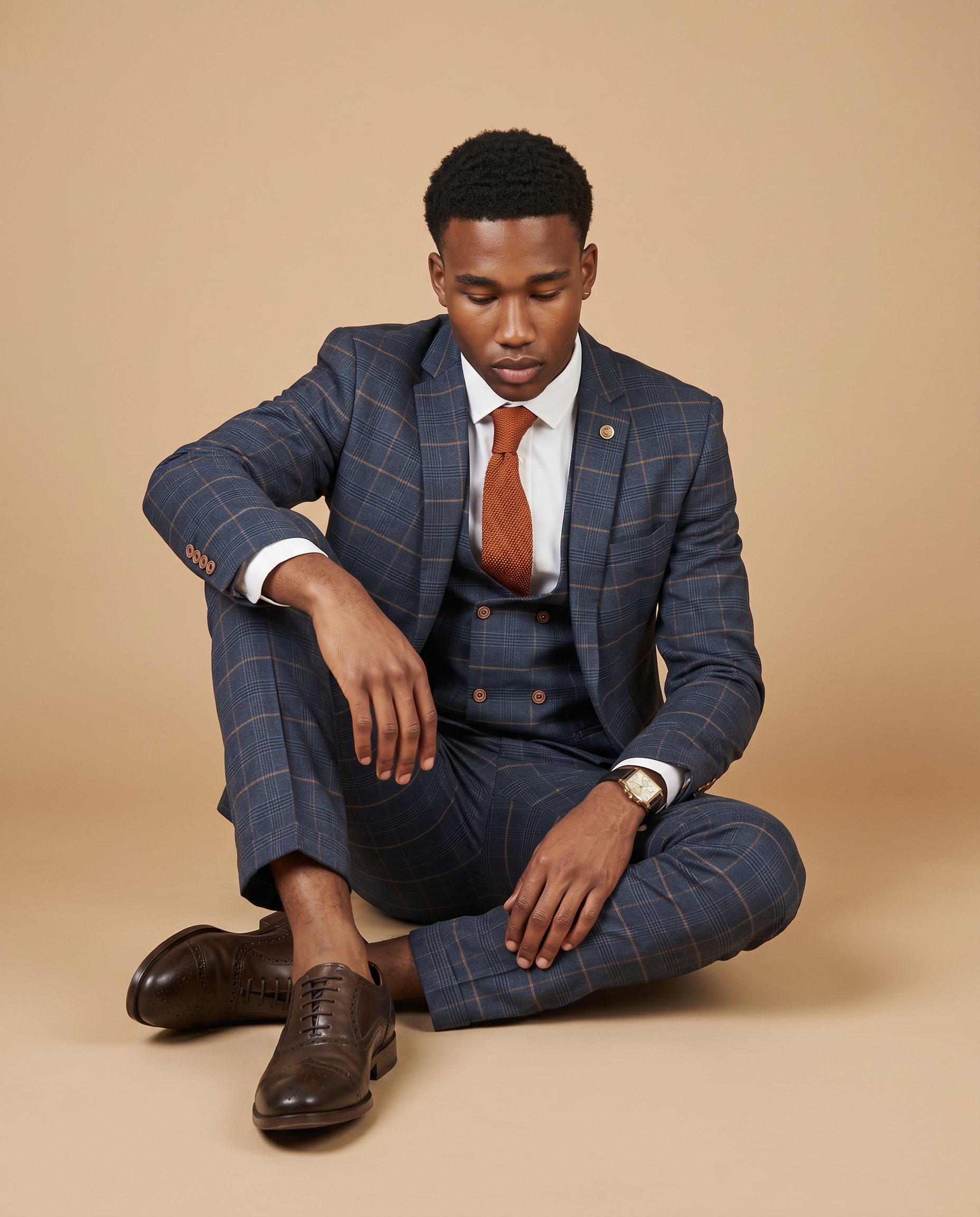Jenson - Marine Navy Check Prom Suit With Double Breasted Waistcoat
