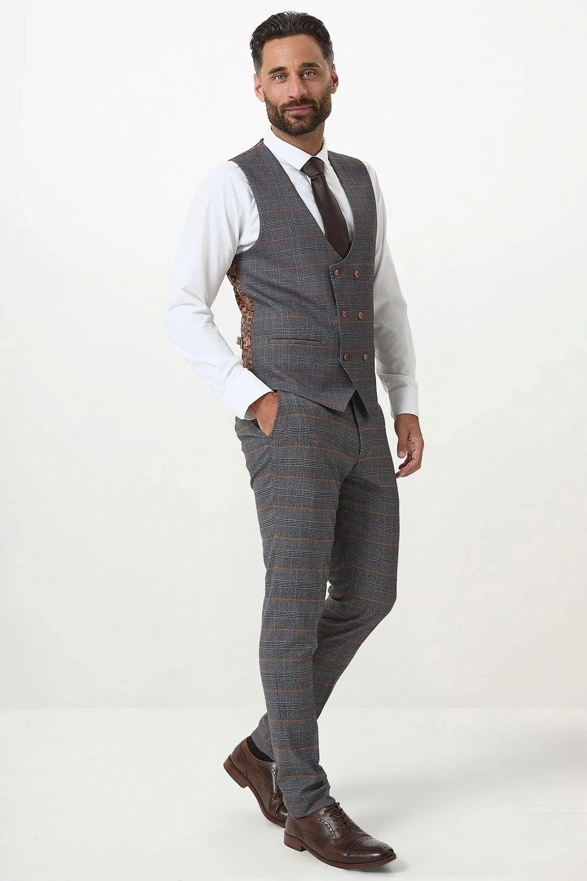 Jenson - Grey Check Double Breasted Waistcoat