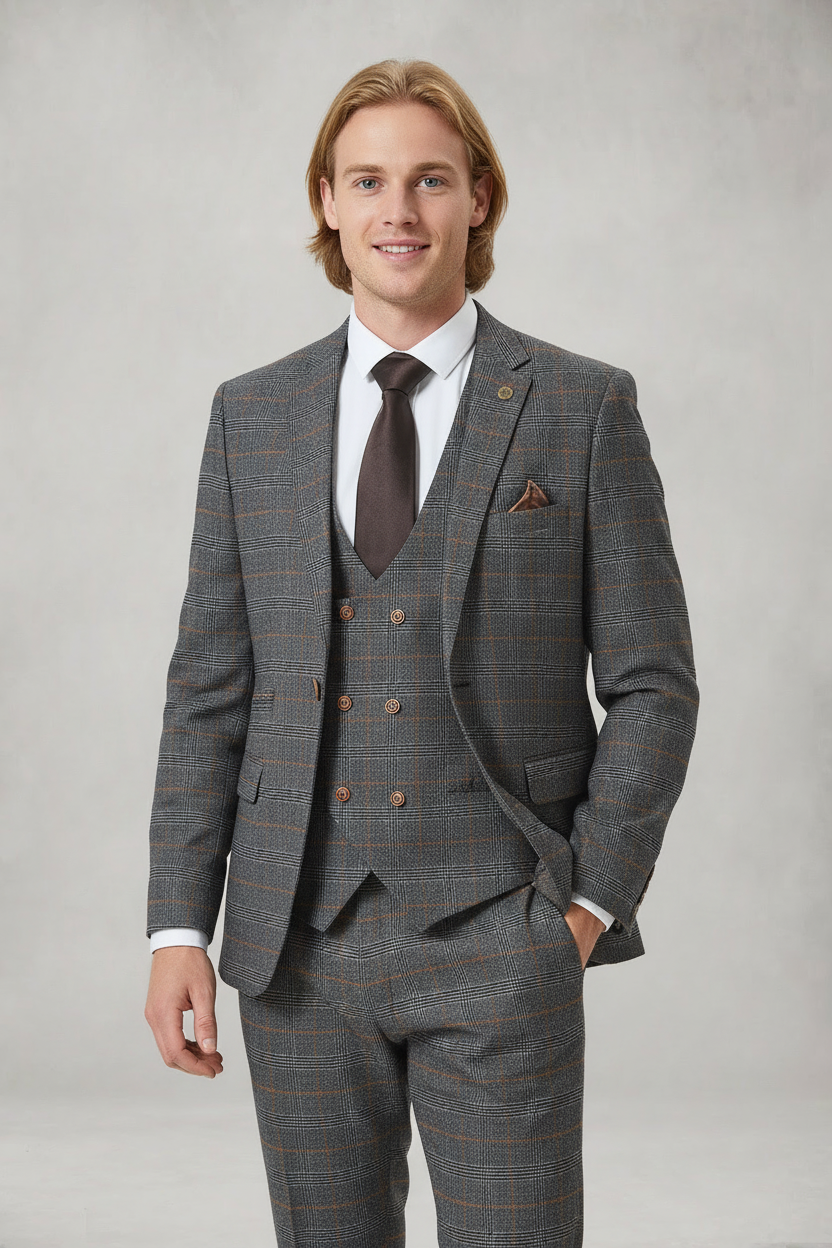 Jenson - Grey Check Suit With Double Breasted Waistcoat