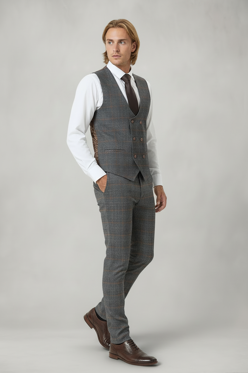 Jenson - Grey Check Suit With Double Breasted Waistcoat