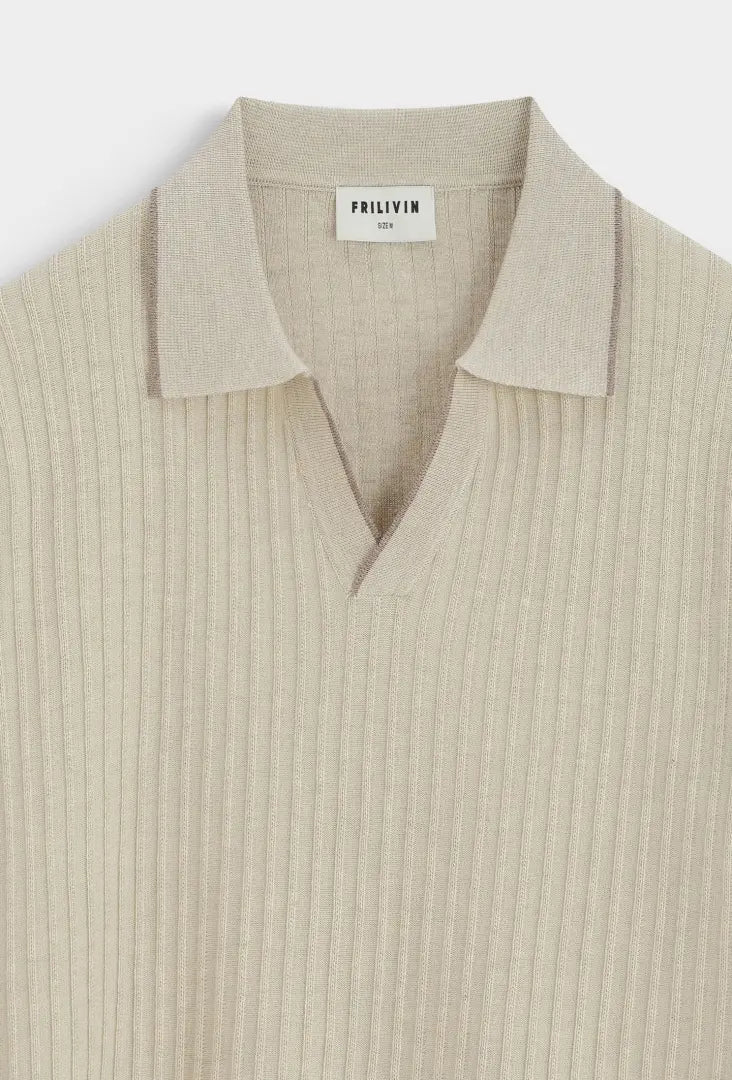 Beige Contrast Trim Ribbed Polo Shirt