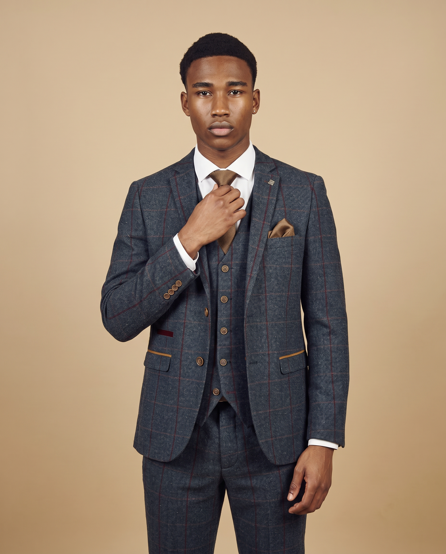 Madrid Navy Tweed Check Three Piece Prom Suit