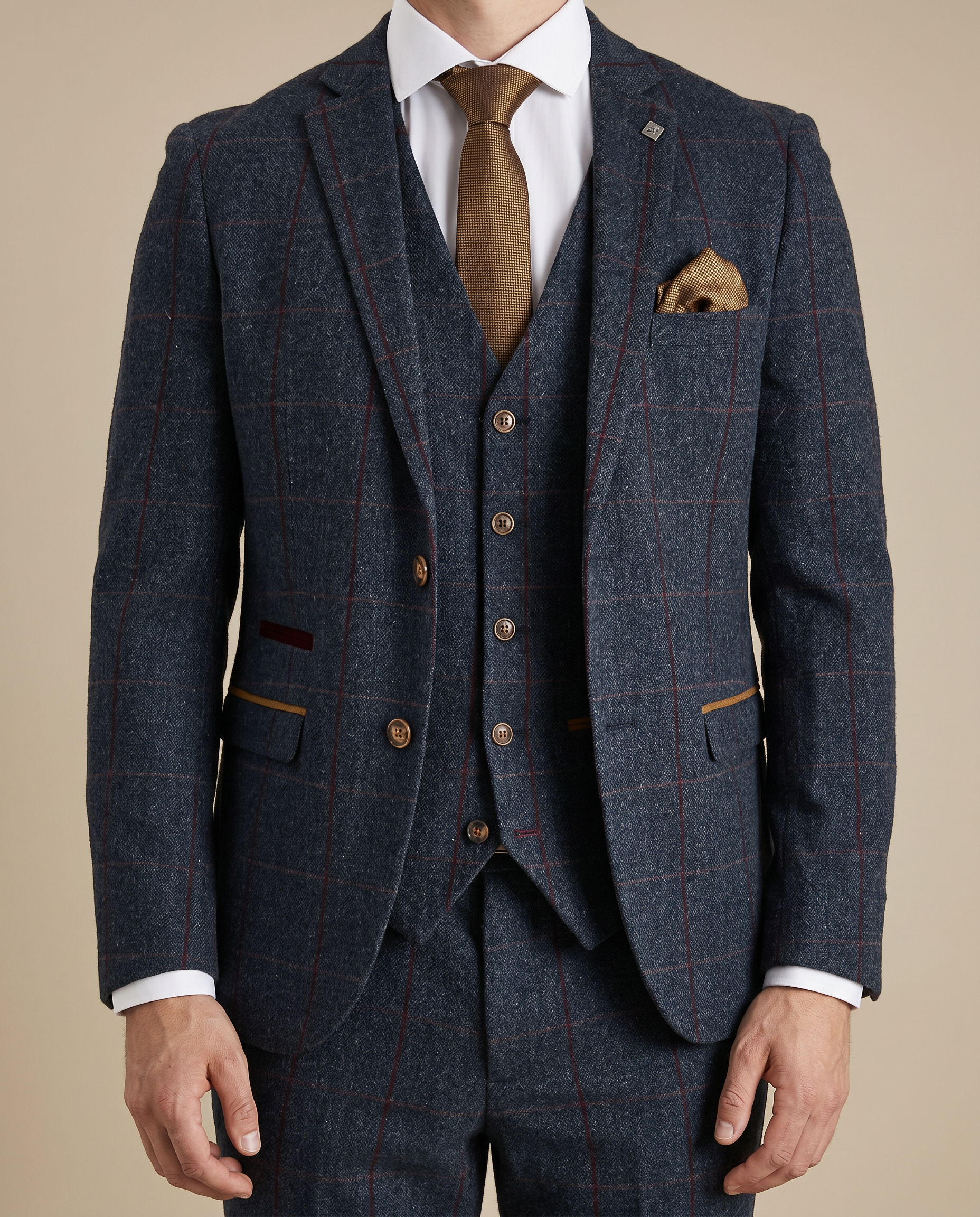 Madrid Navy Tweed Check Three Piece Prom Suit
