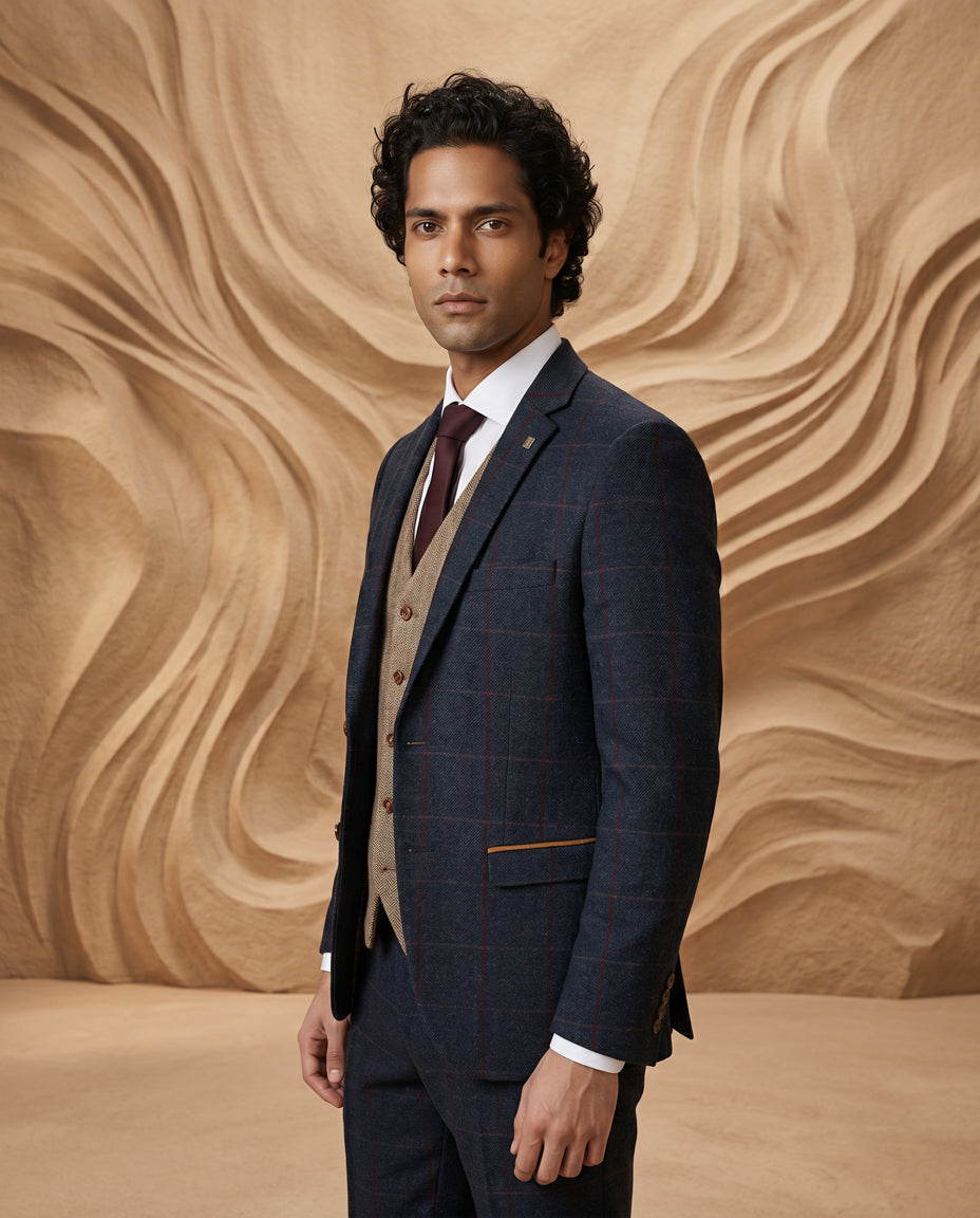 Madrid Navy Suit with Harris Brown Tweed Waistcoat