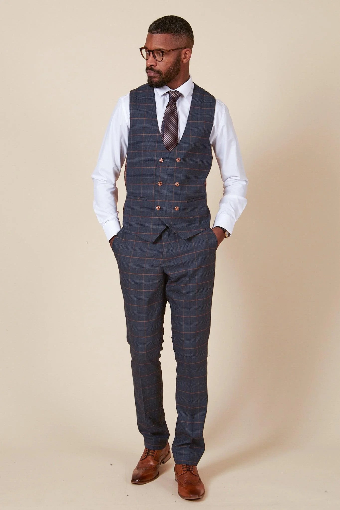 Jenson - Marine Navy Check Double Breasted Waistcoat