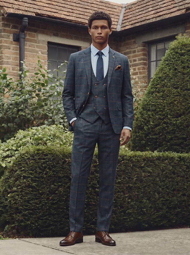 Jenson - Marine Navy Check Suit With Double Breasted Waistcoat