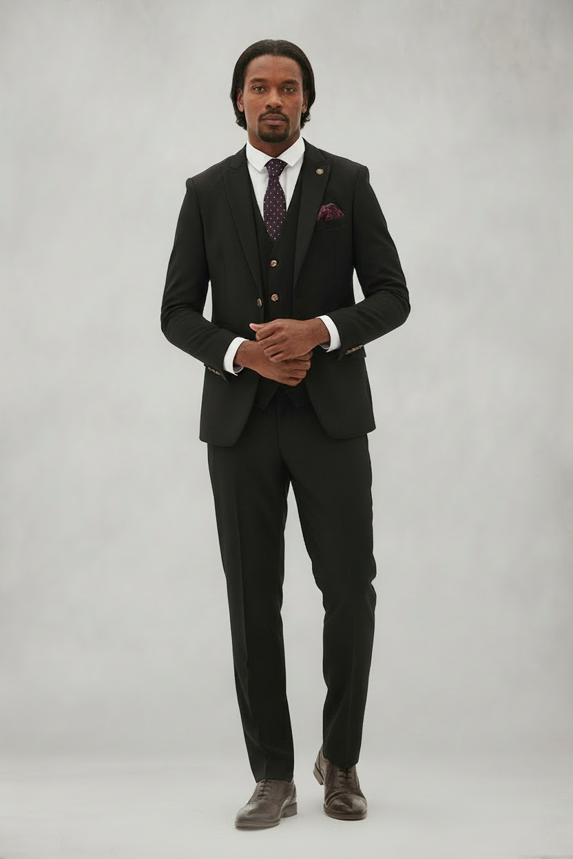 Max - Black Three Piece Suit With Contrast Buttons