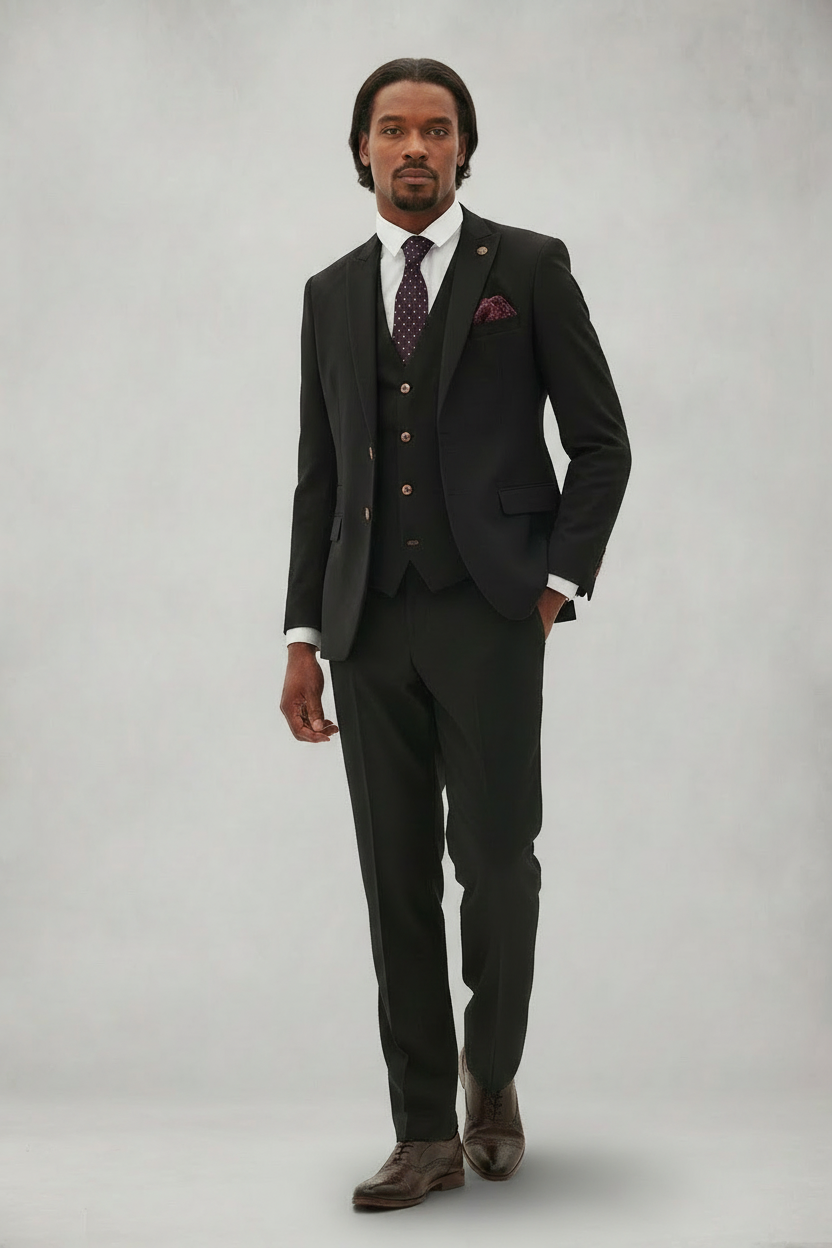 Max - Black Three Piece Suit With Contrast Buttons