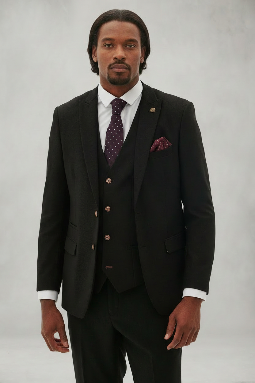 Max - Black Three Piece Suit With Contrast Buttons