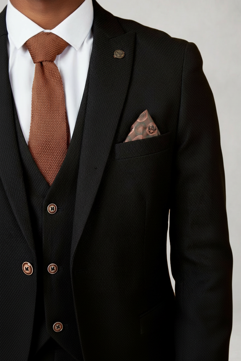 Max - Black Three Piece Suit With Contrast Buttons